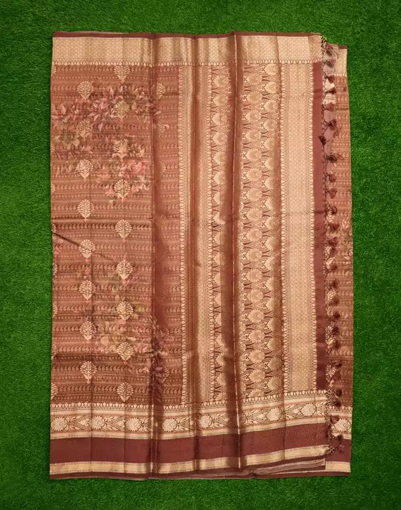 Brown Floral Pure Dupion Saree