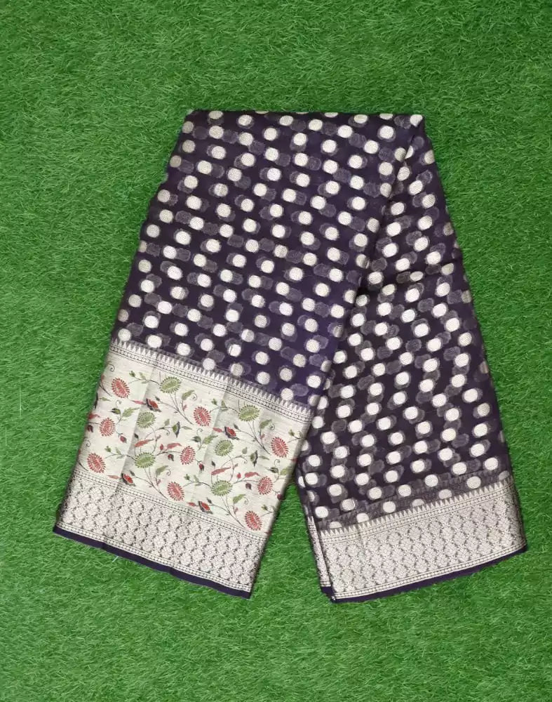 Navy Blue Polka Dots Booti Organza Saree