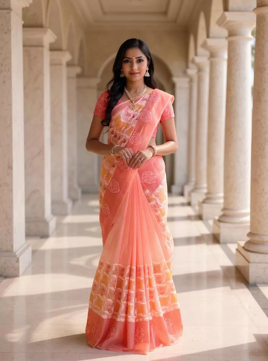 Peach Floral Hand Print Tussar Jute Saree