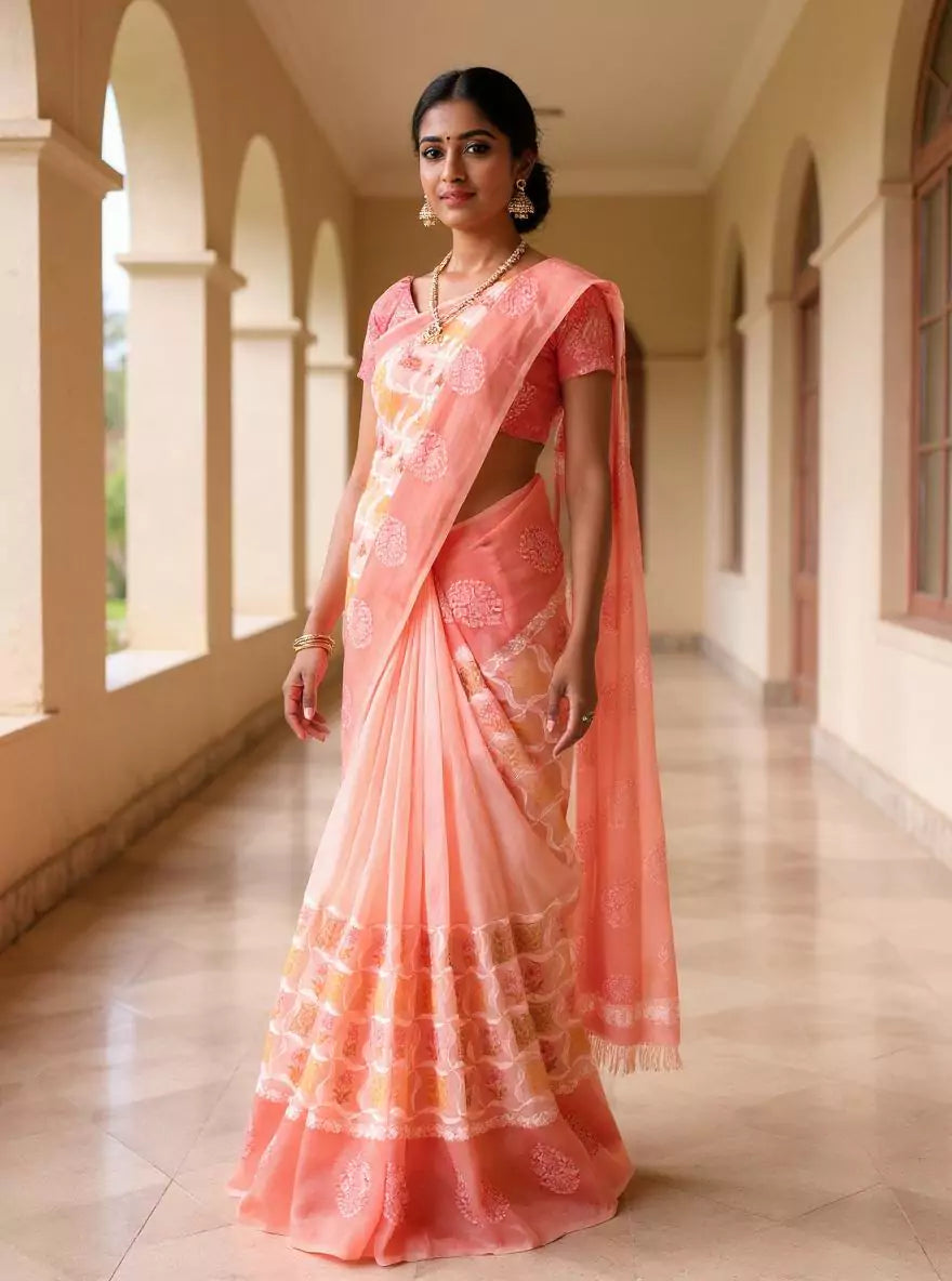 Peach Floral Hand Print Tussar Jute Saree