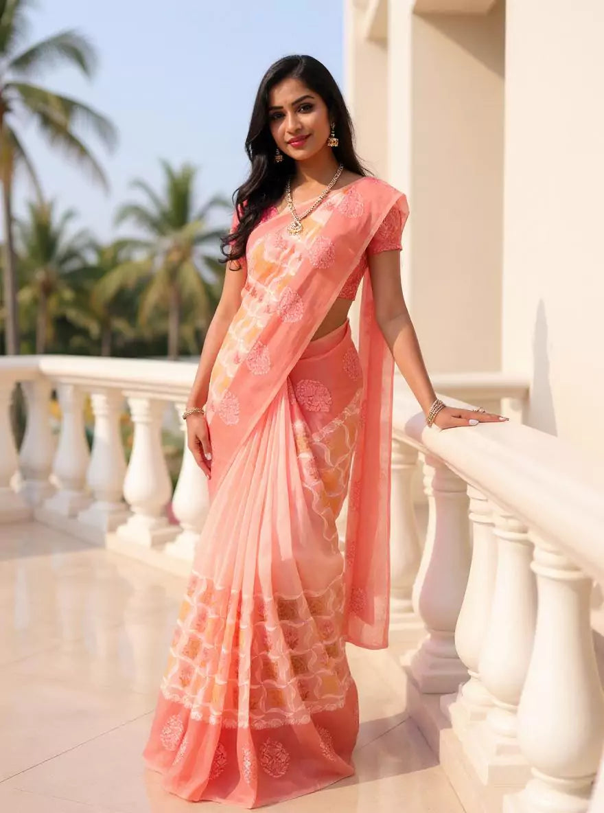 Peach Floral Hand Print Tussar Jute Saree