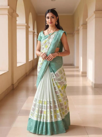 Light Grey Floral Hand Print Tussar Jute Saree