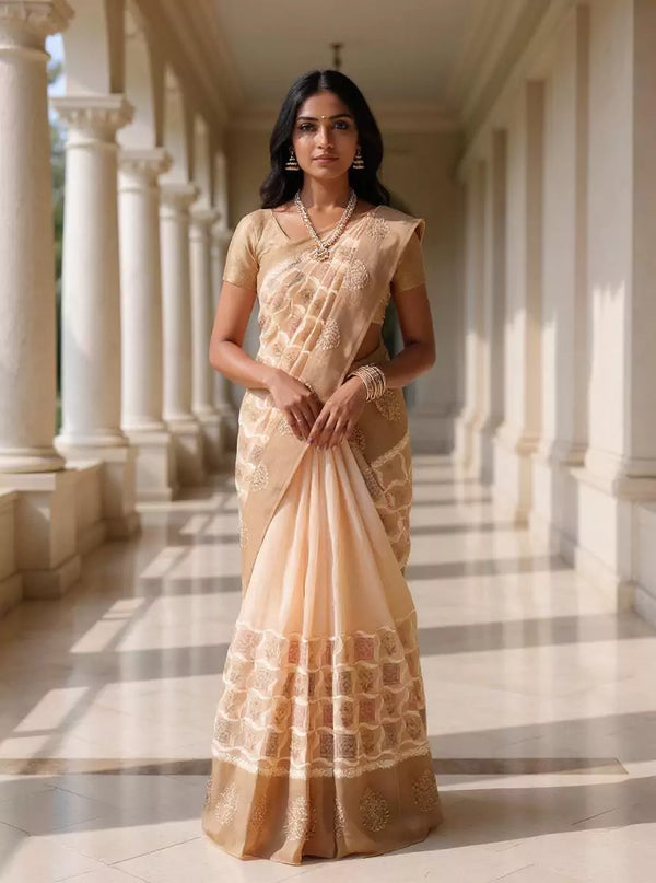 Beige Tussar Jute Saree