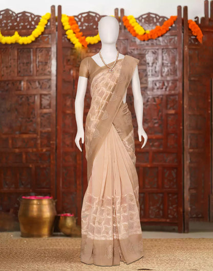 Beige Floral Hand Print Tussar Jute Saree