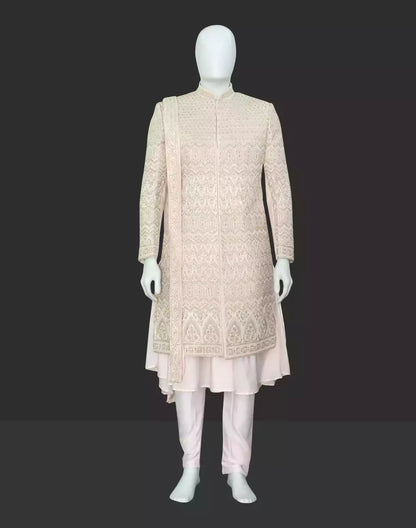 Charming Pink heavy Zardosi with Pearls work Anarkali Sherwani with Dupatta