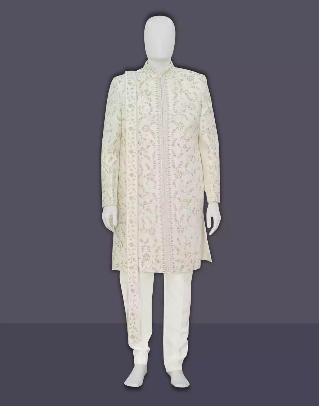 Zardosi Embroidered Cream Raw Silk Sherwani with Dupatta