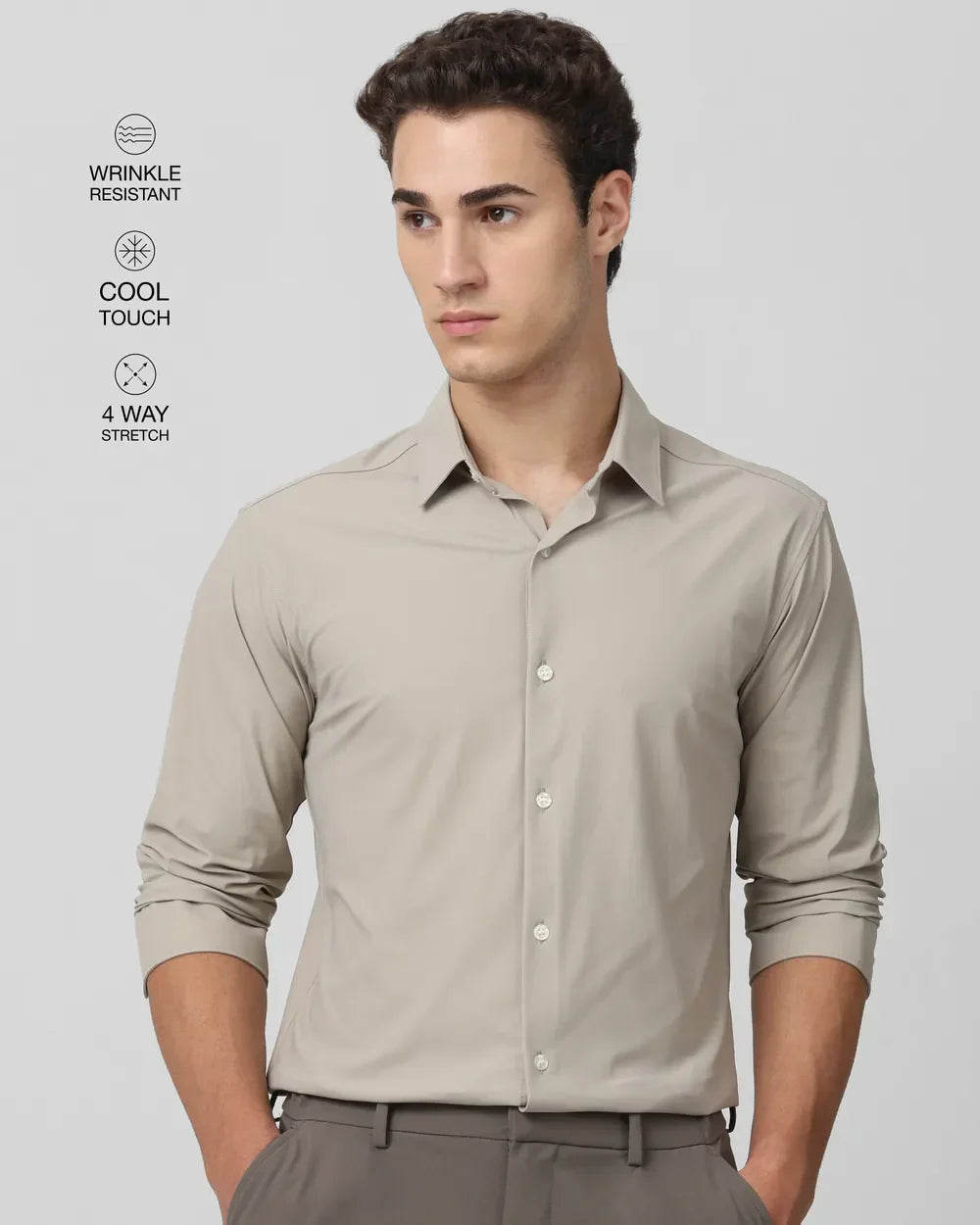 Stone Coloured Solid Full Sleeve Imported Stretch Nylon Shirt
