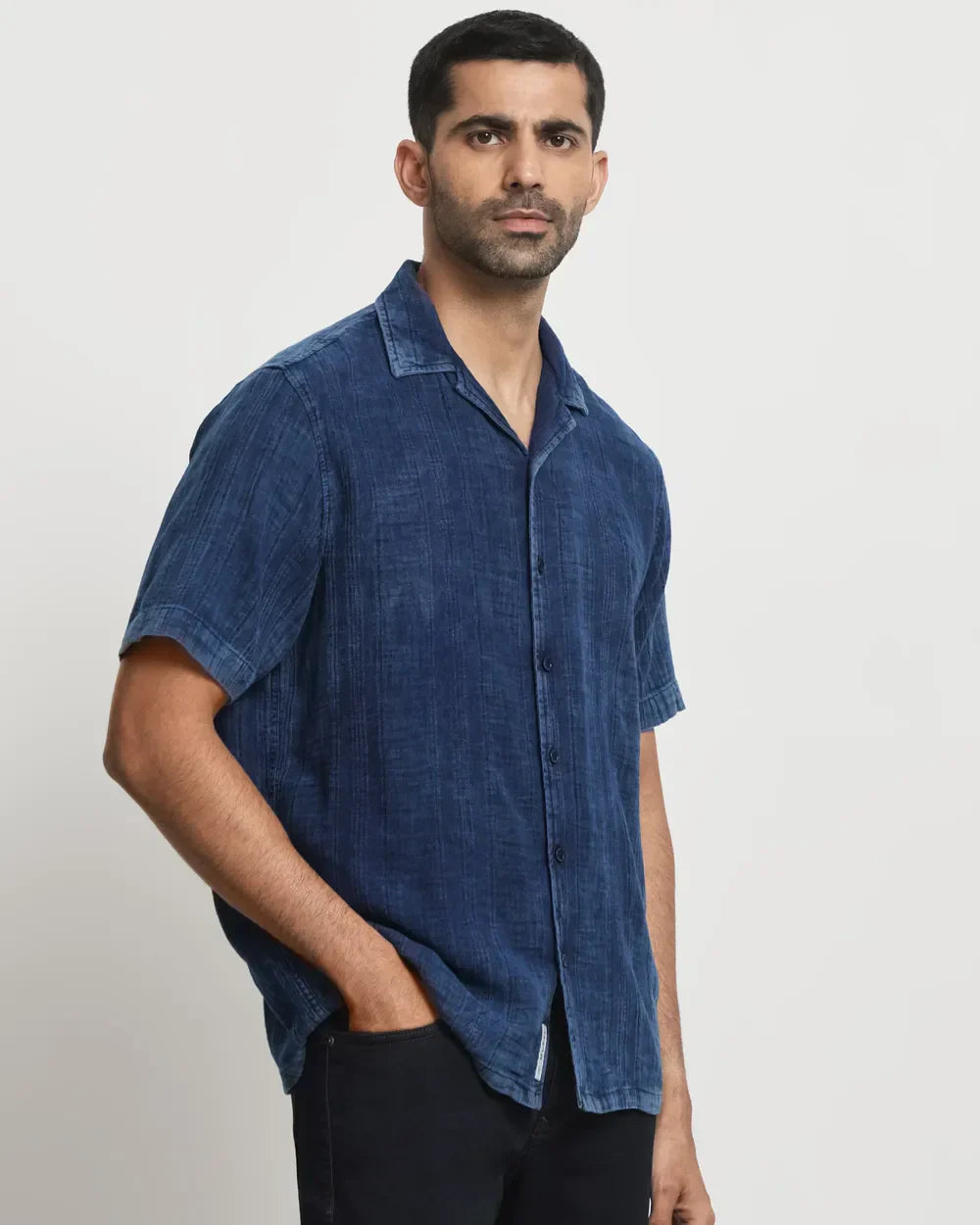 Dark Indigo Blue Half Sleeve Denim Casual Shirt