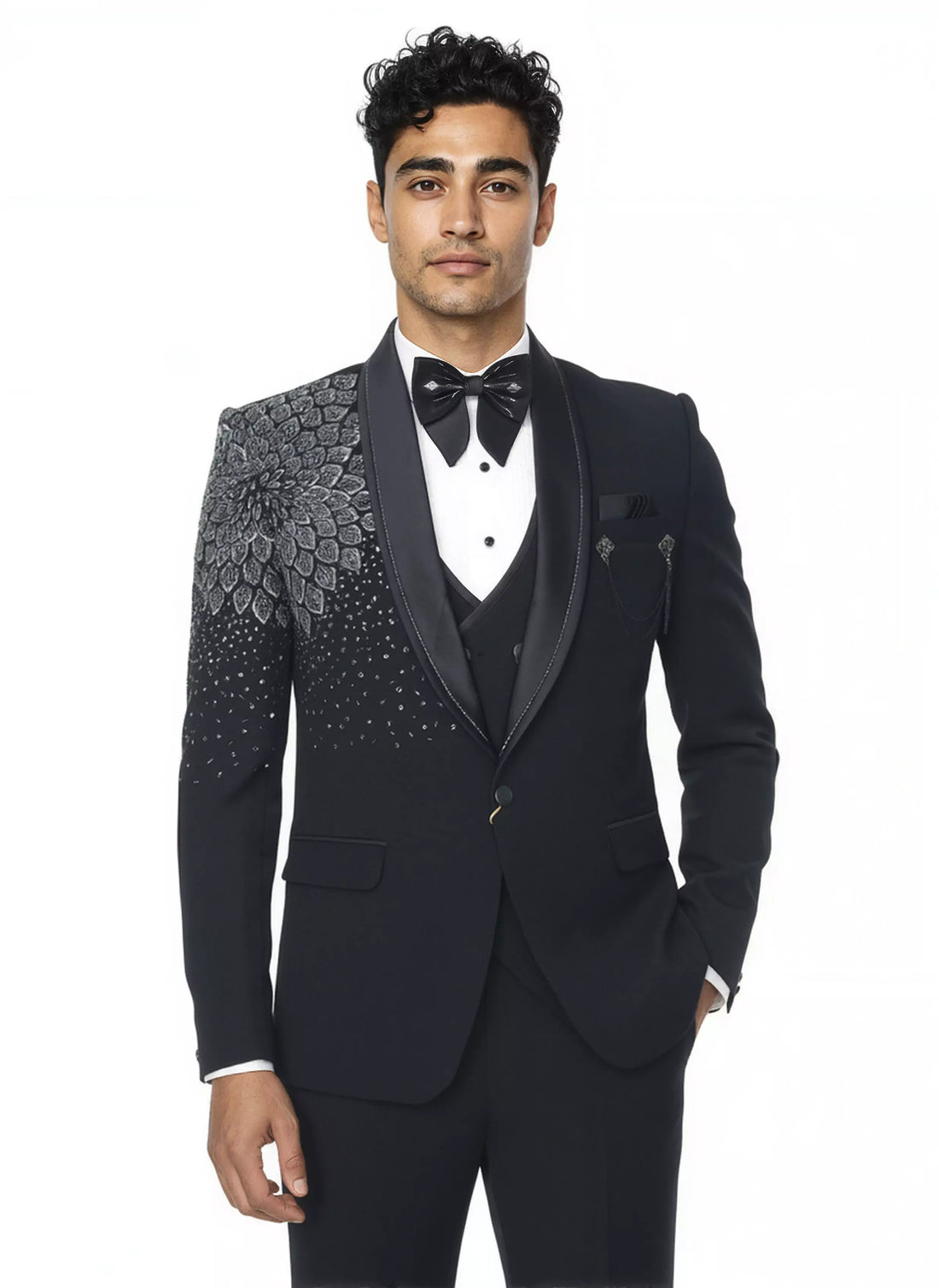 Navy Blue Cutdana work Polynosic 5 Pc Tuxido Suit