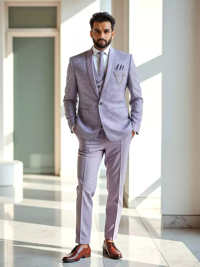 Violet Floral Weaving Jacquard 5 Pc Tuxido Suit