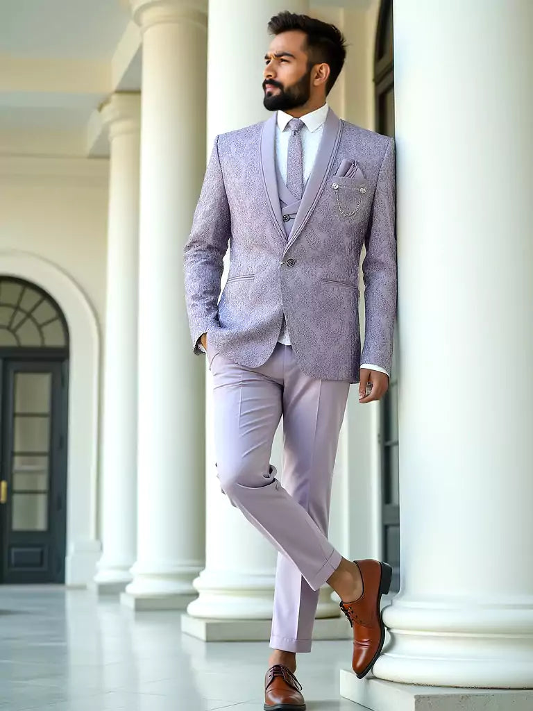 Violet Floral Weaving Jacquard 5 Pc Tuxido Suit