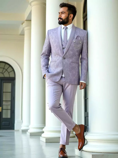 Violet Floral Weaving Jacquard 5 Pc Tuxido Suit