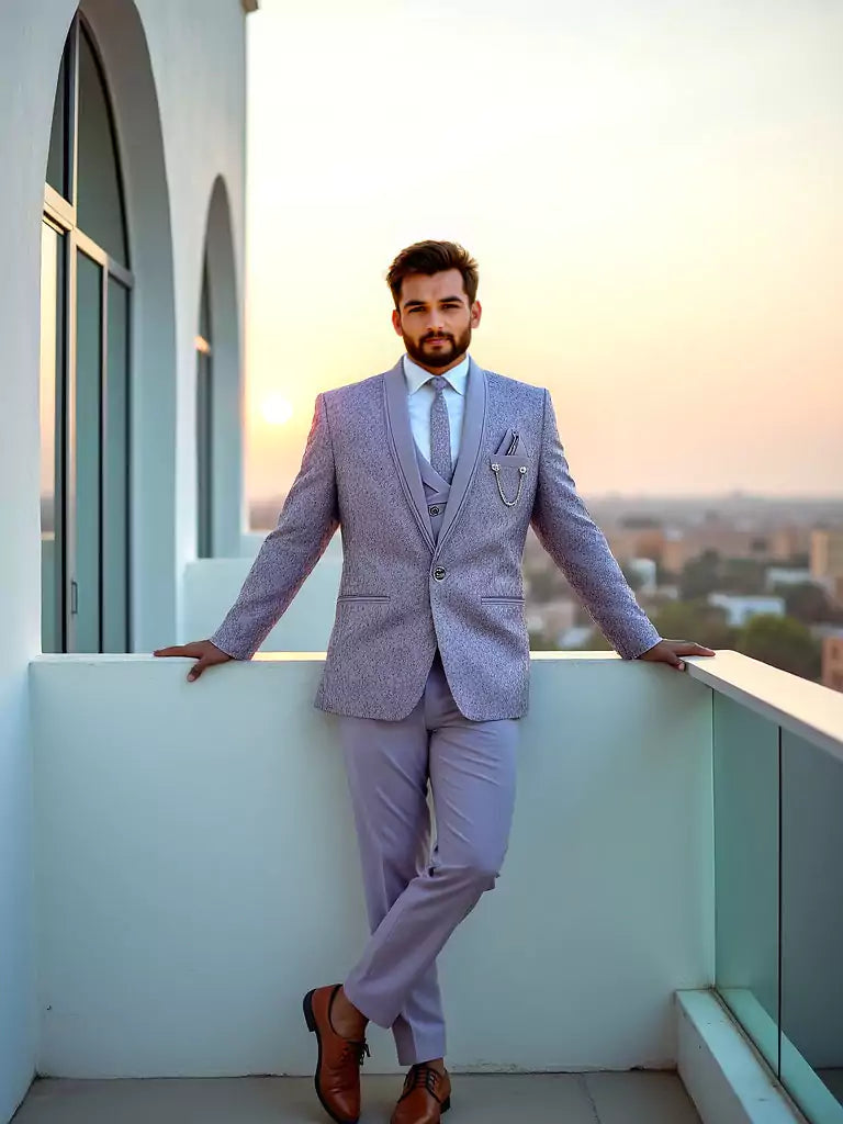 Violet Floral Weaving Jacquard 5 Pc Tuxido Suit