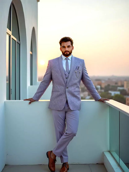 Violet Floral Weaving Jacquard 5 Pc Tuxido Suit