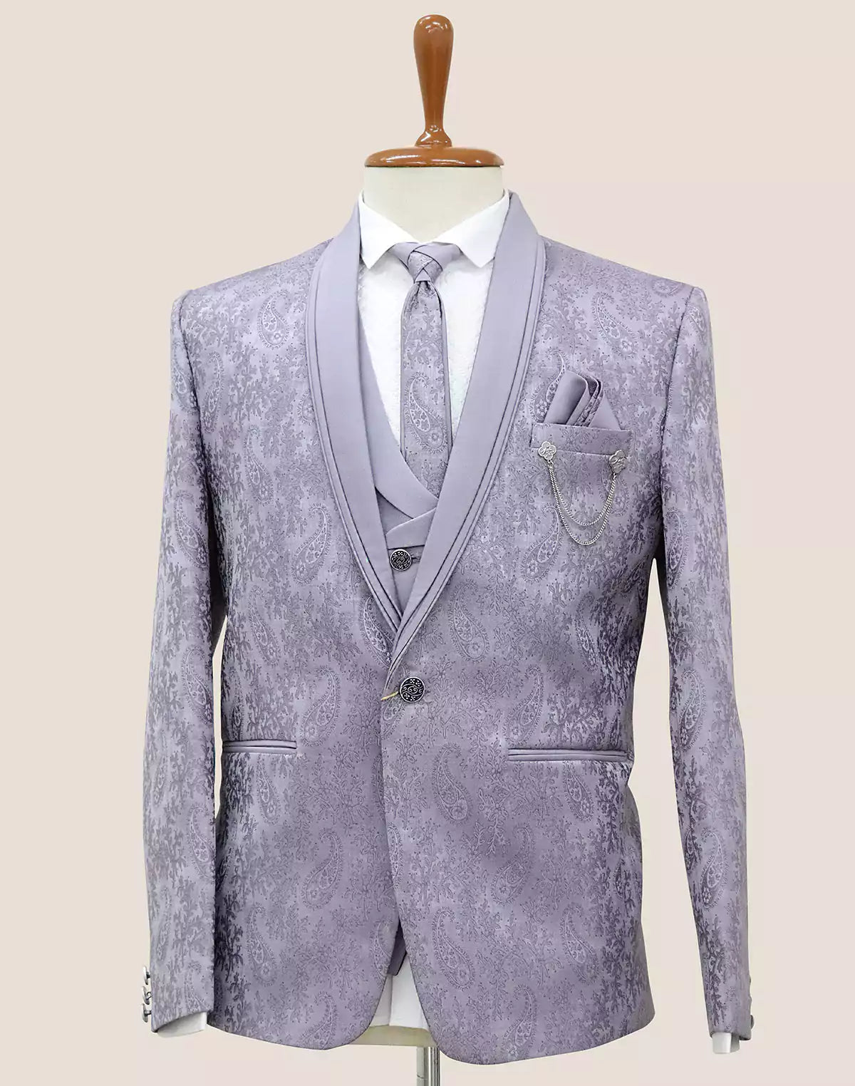 Violet Floral Weaving Jacquard 5 Pc Tuxido Suit