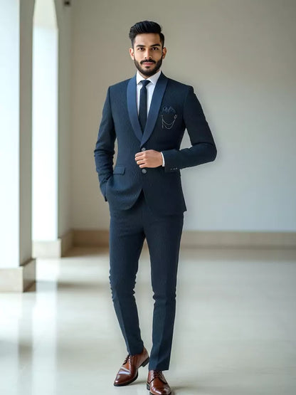 Navy Blue Self Design Polynosic Thread work 5 Pc Suit