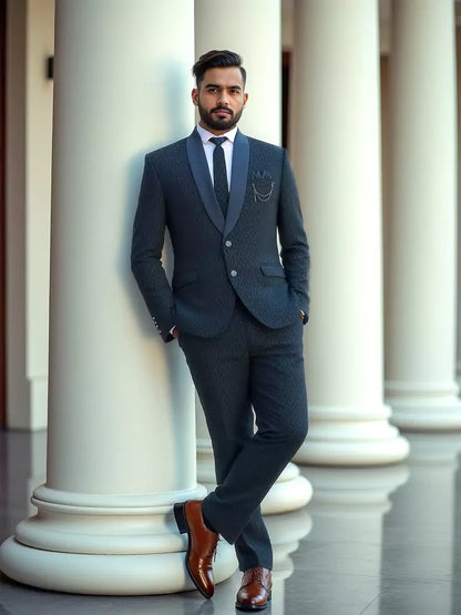 Navy Blue Self Design Polynosic Thread work 5 Pc Suit