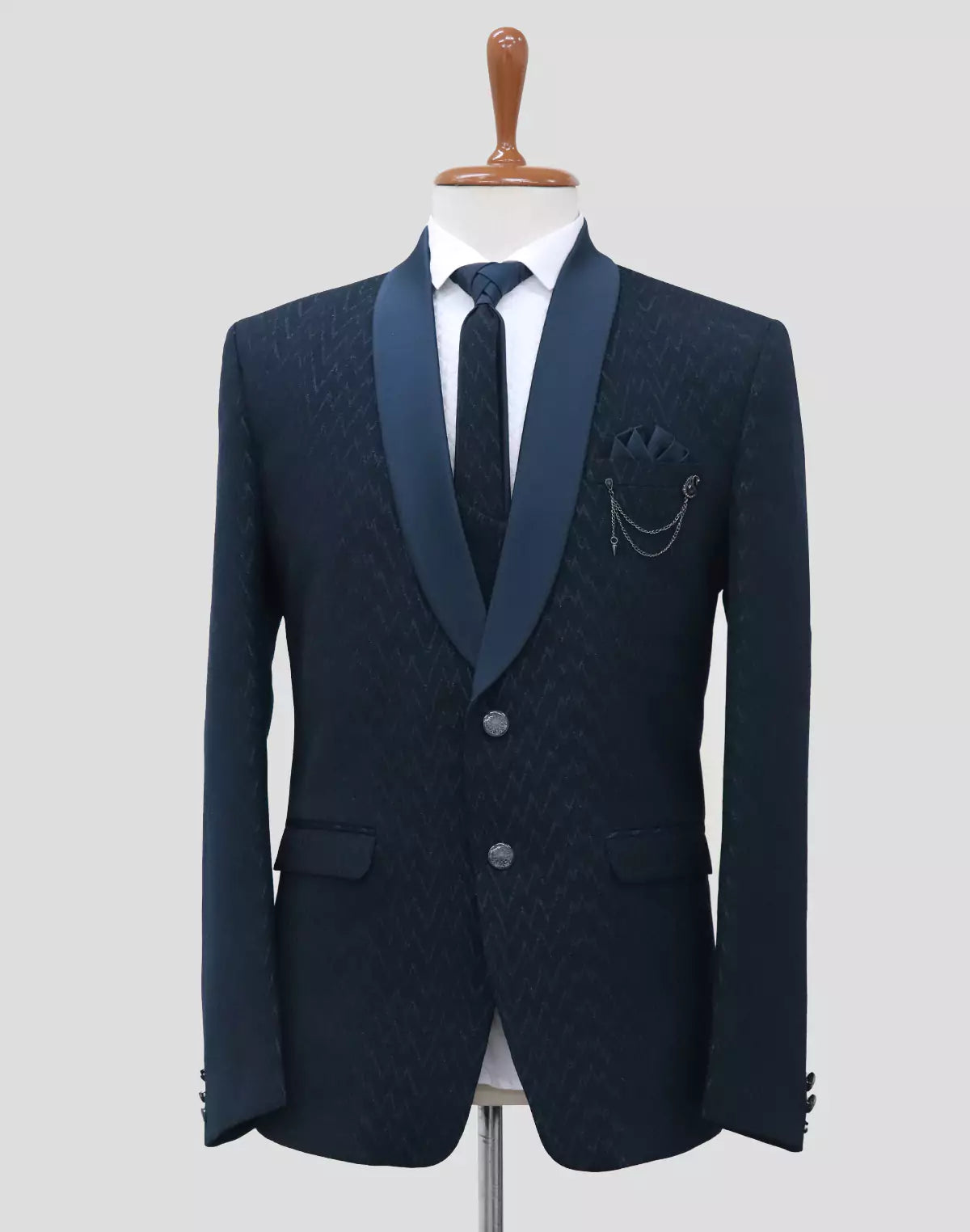 Navy Blue Self Design Polynosic Thread work 5 Pc Suit