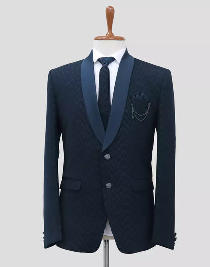Navy Blue Self Design Polynosic Thread work 5 Pc Suit
