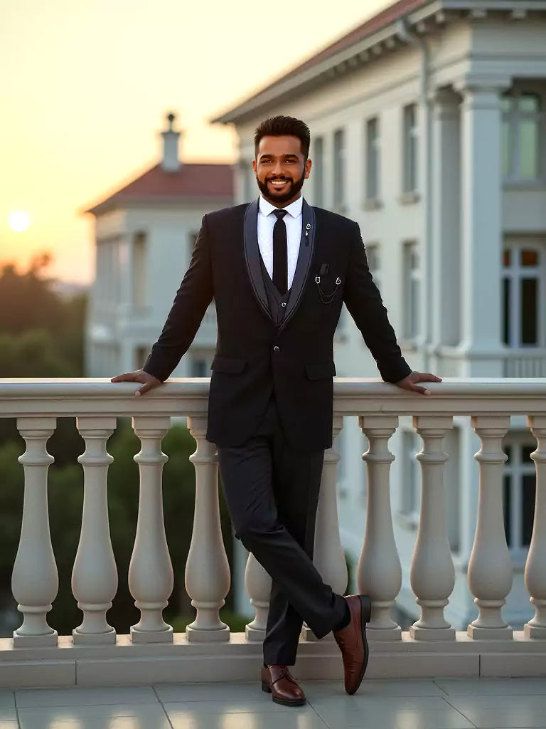 Black Polynosic Solid Suit with Unstitched Satin Trouser