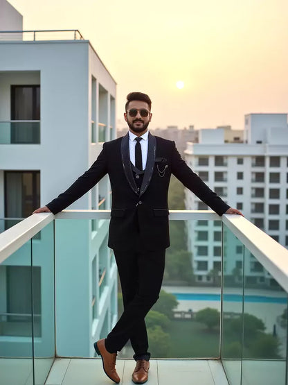 Black Polyester Terylene 5 Pc Tuxido Designer Suit