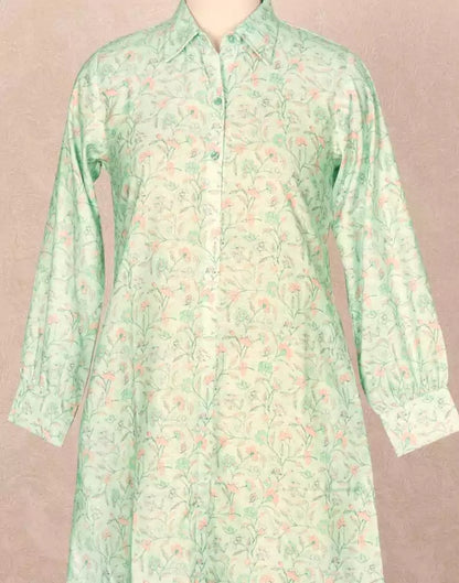 Pista Green Floral Cotton Printed Tops