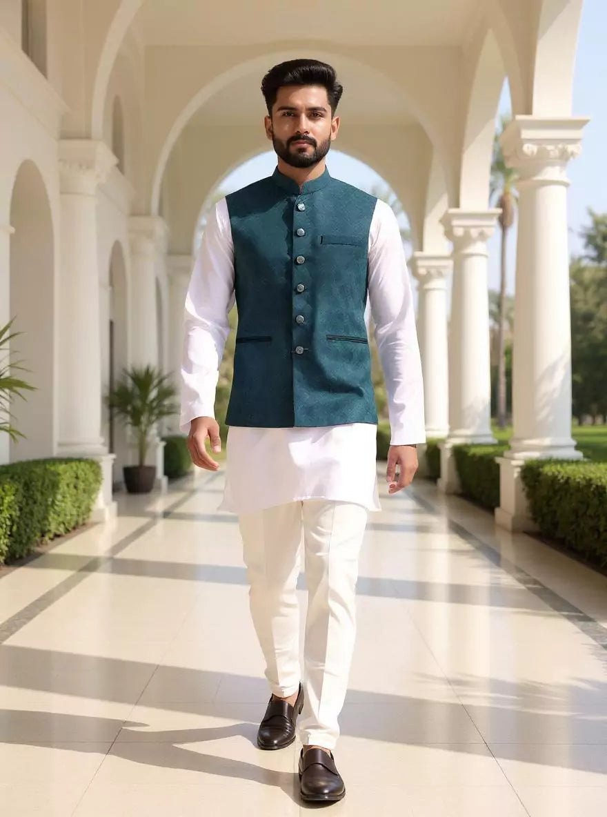 Captivating Rama Self Woven Jacquard Waistcoat for Men