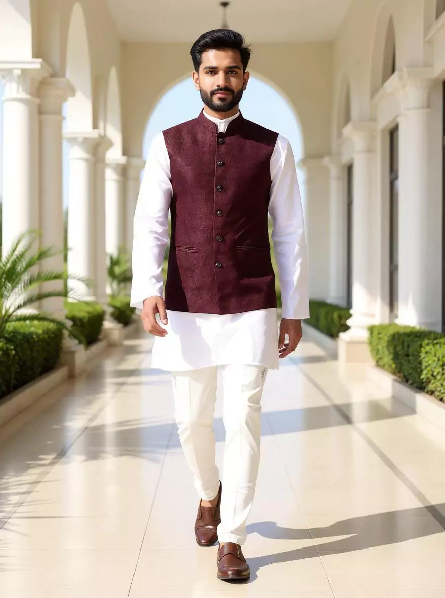 Maroon Self Imperial Patterned Jacquard Waistcoat