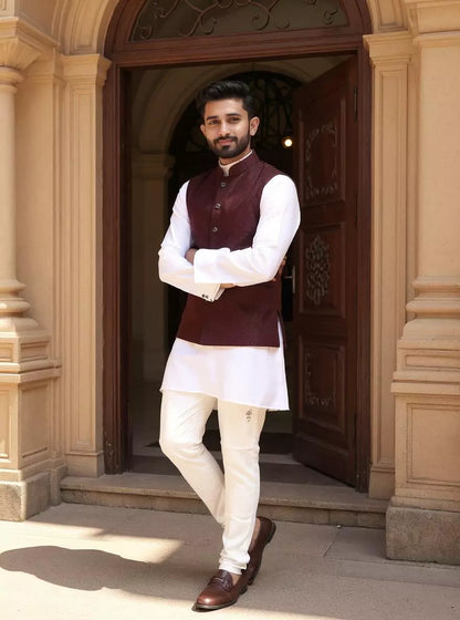 Maroon Self Imperial Patterned Jacquard Waistcoat