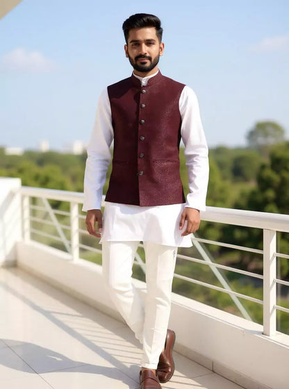 Maroon Self Imperial Patterned Jacquard Waistcoat