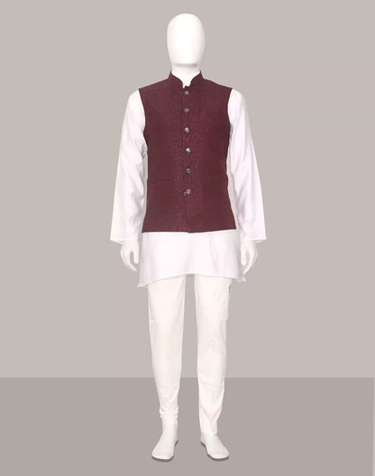 Maroon Self Imperial Patterned Jacquard Waistcoat