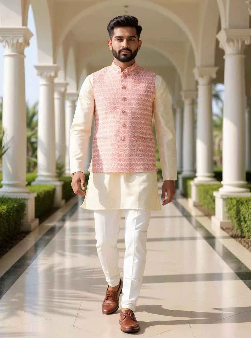 Peach Floral Jaal Embellished Cotton Silk Waistcoat