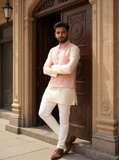 Peach Floral Jaal Embellished Cotton Silk Waistcoat