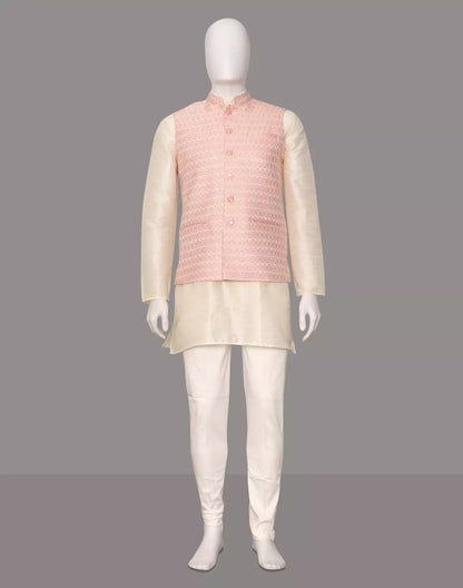 Peach Floral Jaal Embellished Cotton Silk Waistcoat