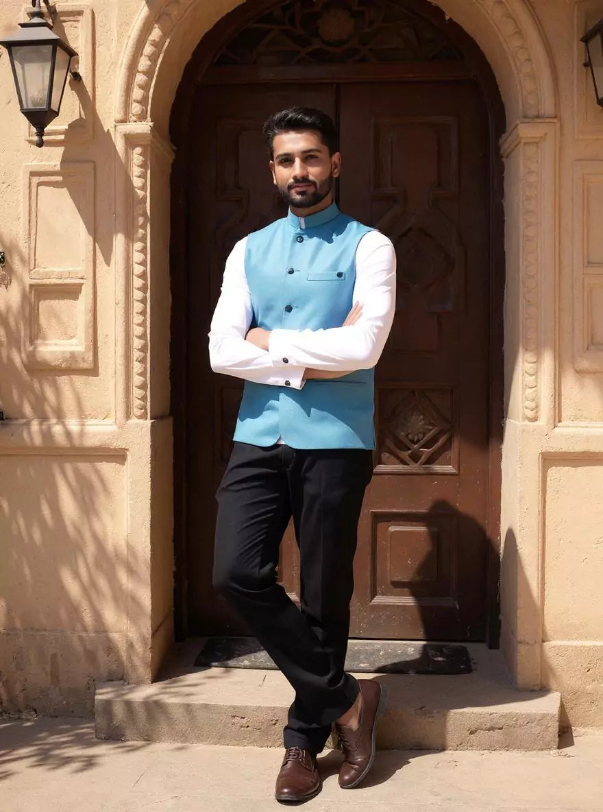 Sky Coloured Textured Polyester Waistcoat