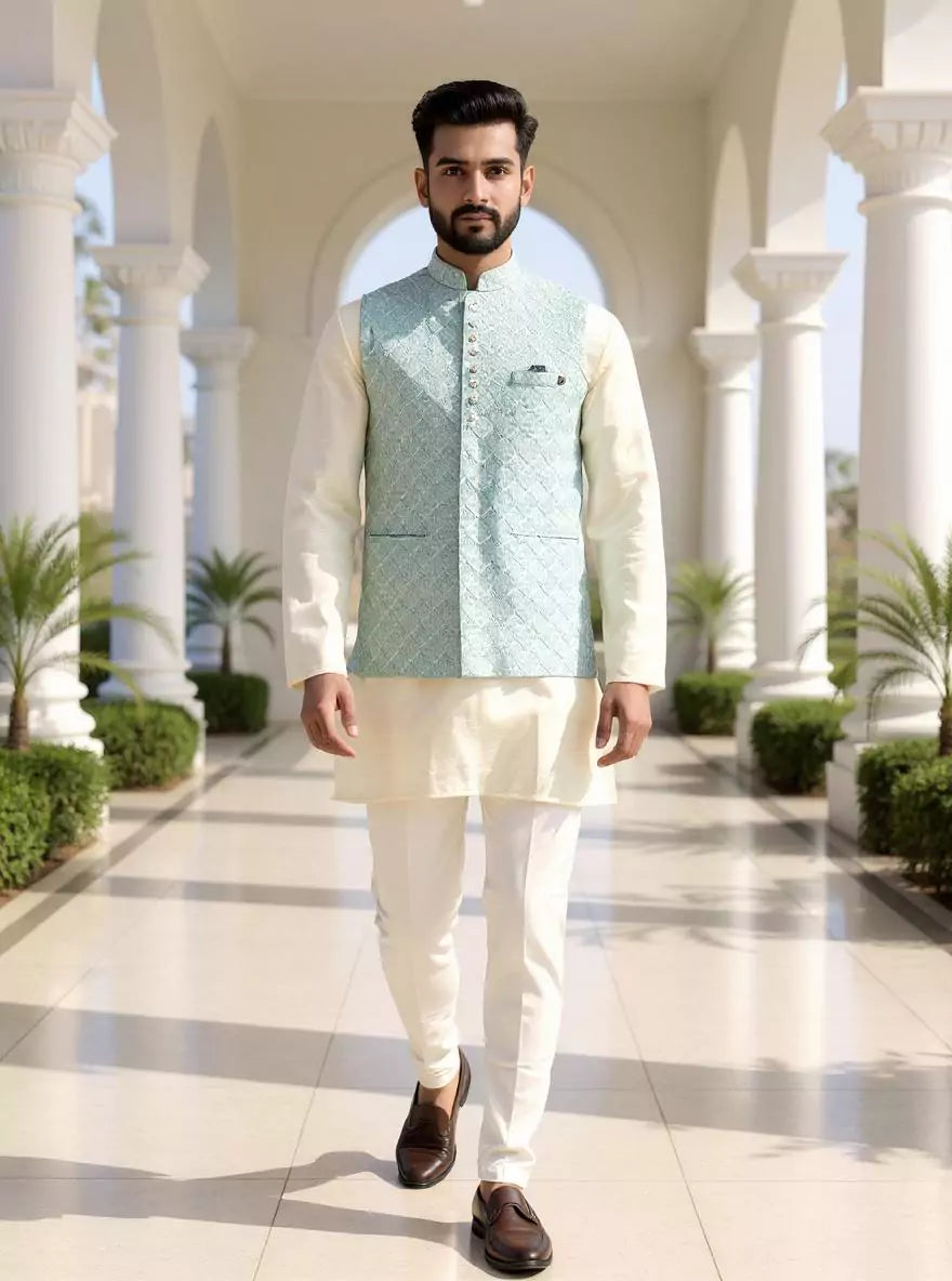 Pista Floral Patterned Cotton Silk Waistcoat with Thread Embroidery