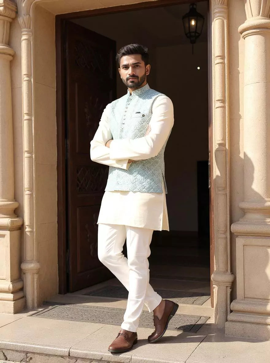 Pista Floral Patterned Cotton Silk Waistcoat with Thread Embroidery