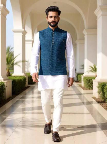 Thread with Embellished Rama Self Design Cotton Silk Waistcoat