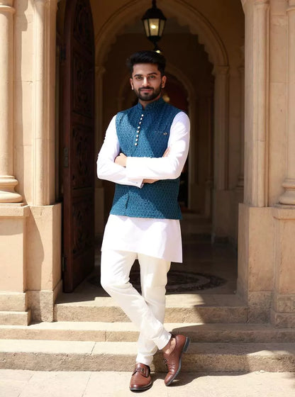Thread with Embellished Rama Self Design Cotton Silk Waistcoat