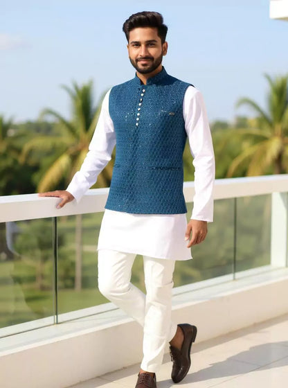Thread with Embellished Rama Self Design Cotton Silk Waistcoat