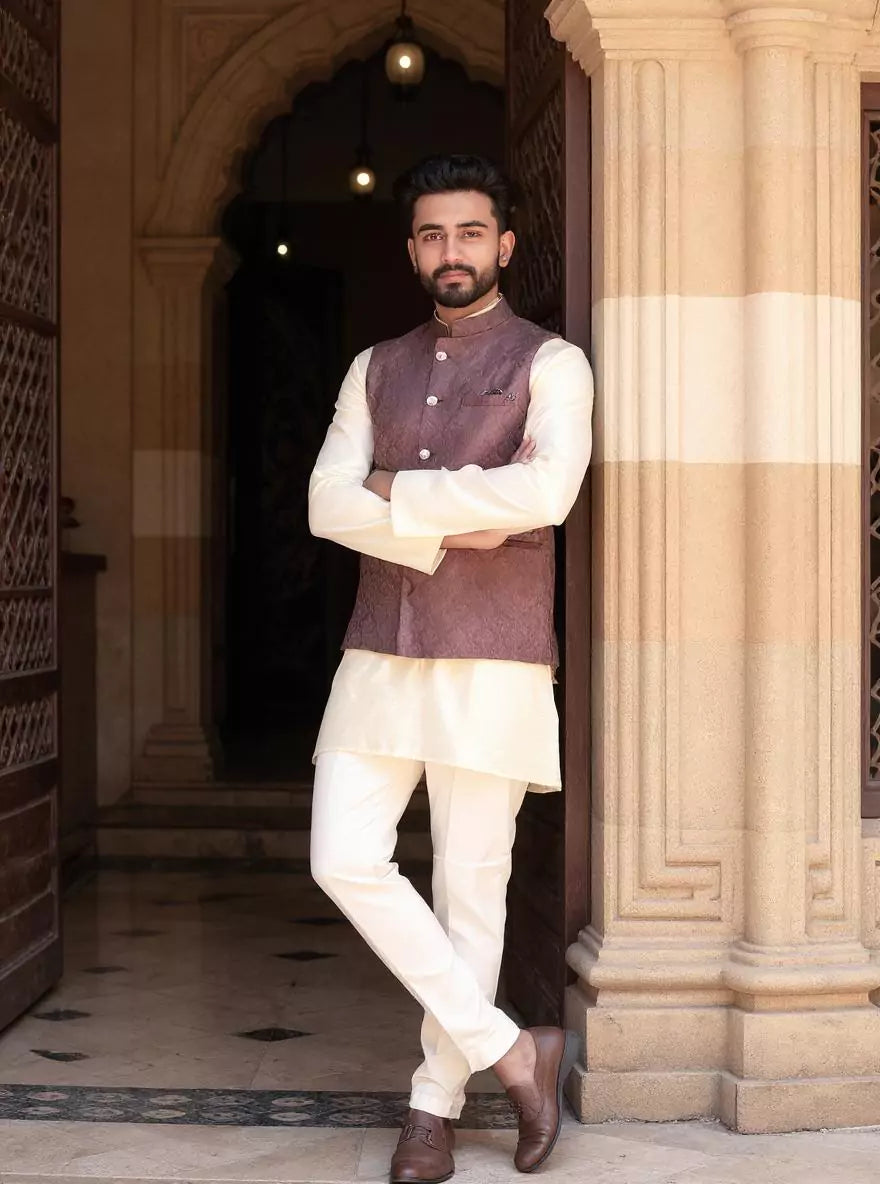 Dark Onion Self Brocade Design Jacquard Waistcoat