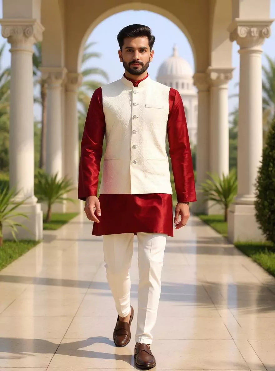 Royal Cream Self Weaving Jacquard Waistcoat