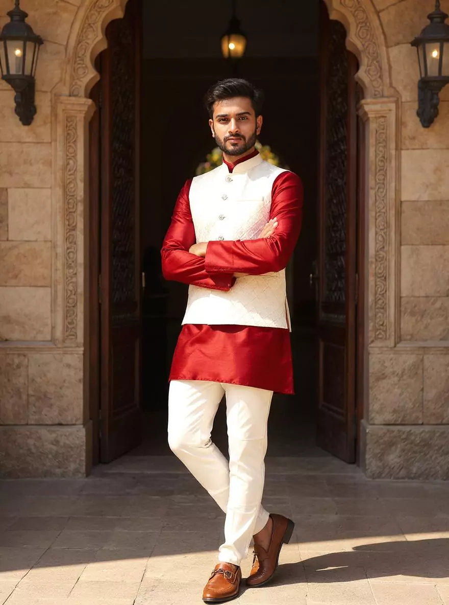 Royal Cream Self Weaving Jacquard Waistcoat