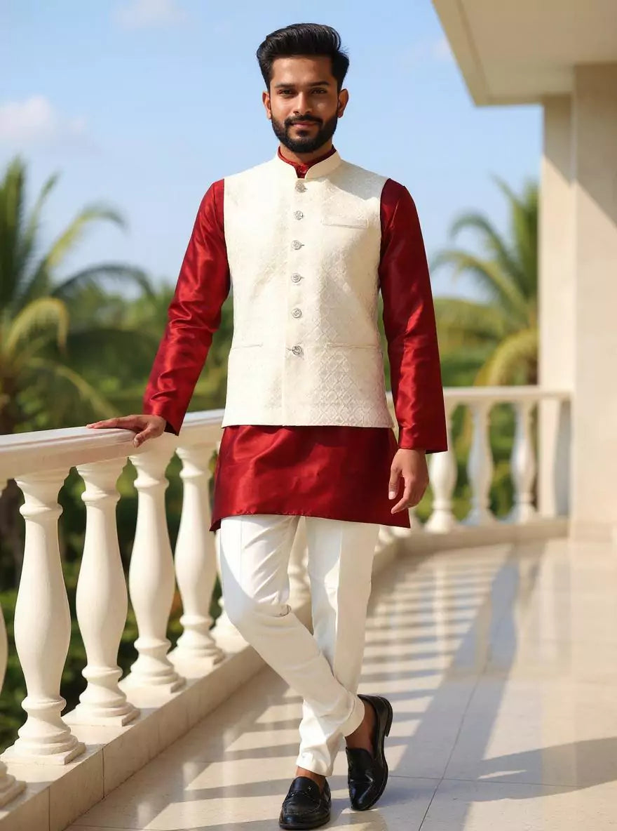 Royal Cream Self Weaving Jacquard Waistcoat