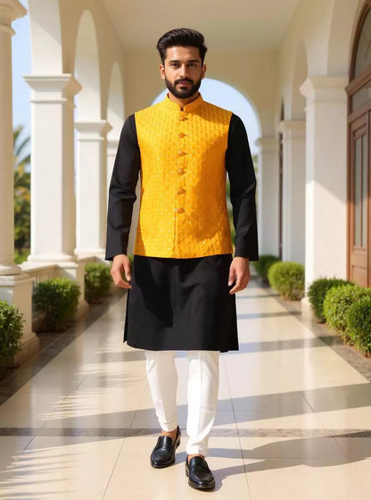 Yellow Floral Thread work Cotton Silk Waistcoat