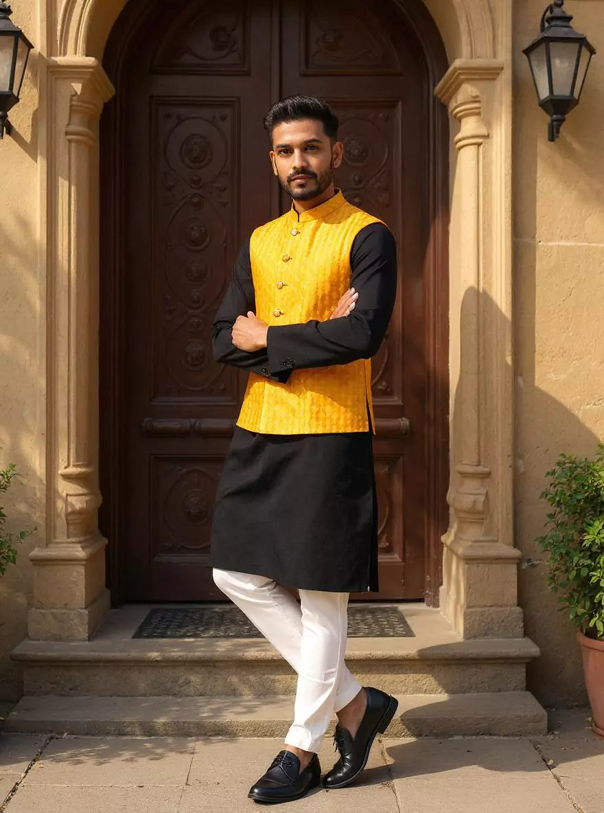 Yellow Floral Thread work Cotton Silk Waistcoat