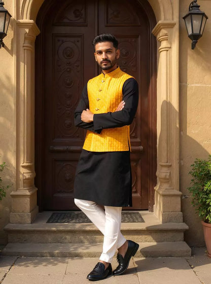 Yellow Floral Thread work Cotton Silk Waistcoat