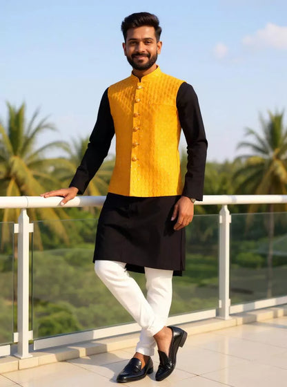 Yellow Floral Thread work Cotton Silk Waistcoat
