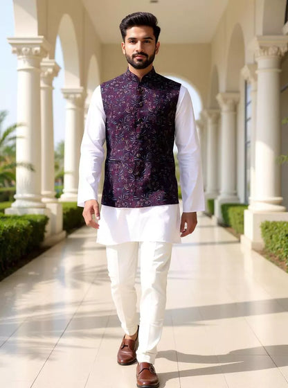 Bel Buti Patterned Purple Multi Embroidery Cotton Silk Waistcoat