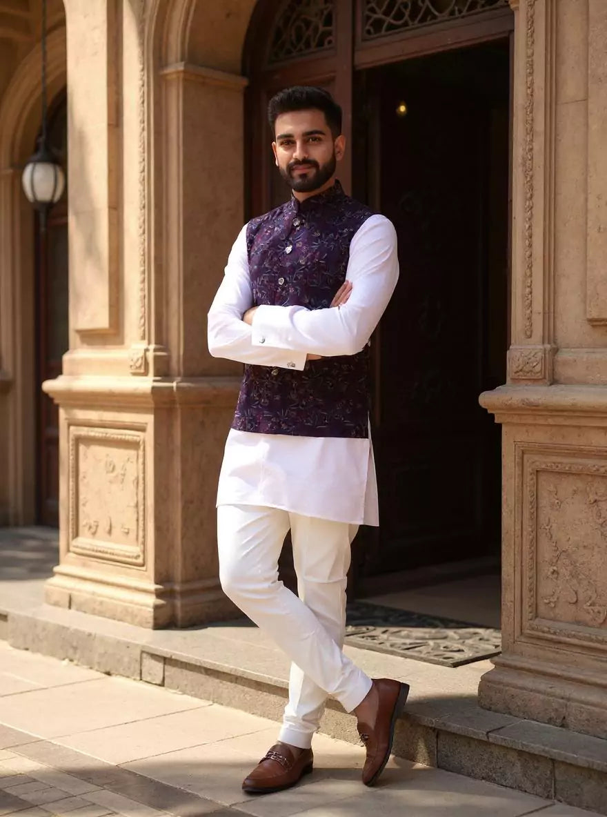 Bel Buti Patterned Purple Multi Embroidery Cotton Silk Waistcoat